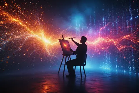 An artist working at a desk with a digital tablet and a computer screen displaying AI-generated art.
