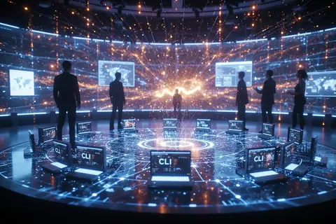 A group of AI agents collaborating around a virtual round table.