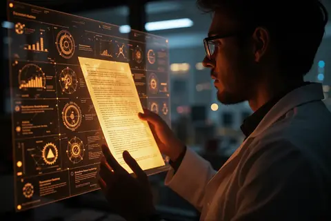 A scientist reviewing a computer screen displaying AI-generated research papers.