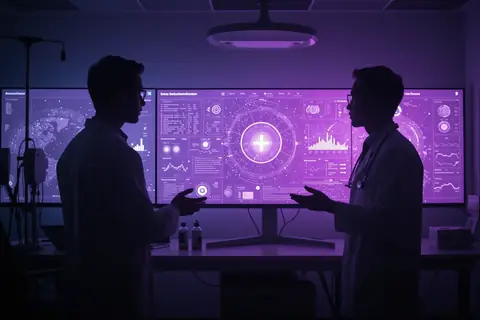 A doctor reviewing medical records with an AI interface on a computer screen.