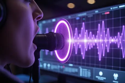 A person talking to a voice assistant with real-time response bubbles appearing on the screen.