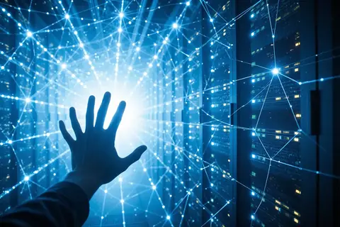 A data center with servers and cloud computing infrastructure.