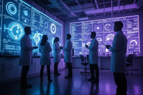Jeff Dean and a team of researchers in a modern office setting, discussing a project.