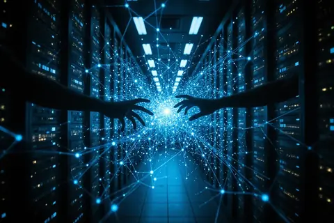A futuristic AI research lab with advanced computing equipment and scientists working on AI models.