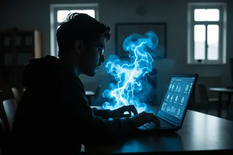 A student studying with an AI tutor on a laptop screen.