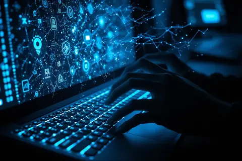 A person using a laptop with AI-generated art displayed on the screen.