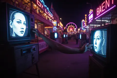 A Roku remote control next to a television screen displaying the Fairground channel.