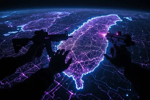 A digital representation of a cyberattack on a network infrastructure.