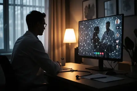 A clinician using a computer with AMIE AI interface during a video consultation.