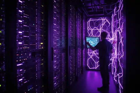 A data center with rows of servers and blinking lights, symbolizing AI compute infrastructure.