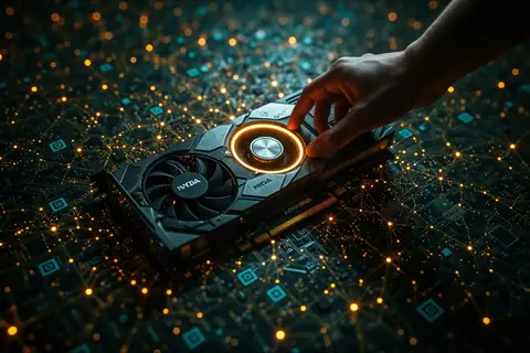 A close-up of an NVIDIA H100 GPU with a futuristic interface overlay.