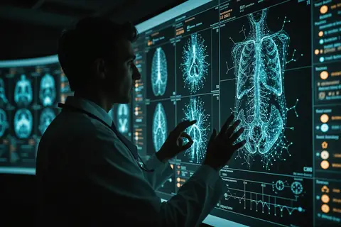 A doctor reviewing medical data on a computer screen with an AI assistant overlay.