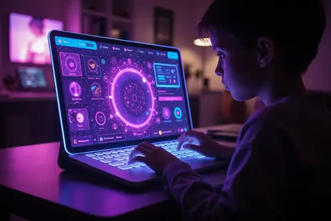 A teenager using a laptop with a ChatGPT interface on the screen.