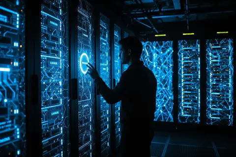 A data center interior with rows of servers and glowing lights.