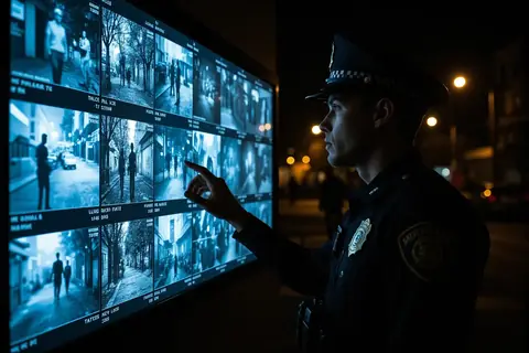 A surveillance camera mounted on a street pole.
