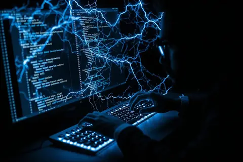 A developer using a laptop with code on the screen, highlighting AI-assisted coding.