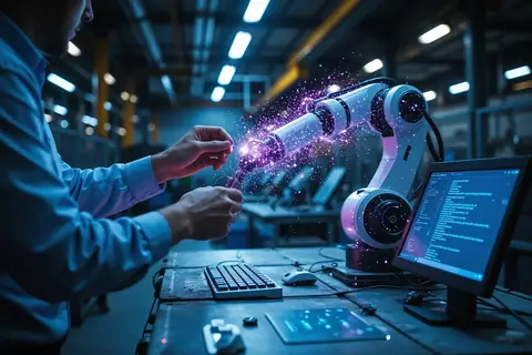A robotic arm programming interface with code and natural language instructions.
