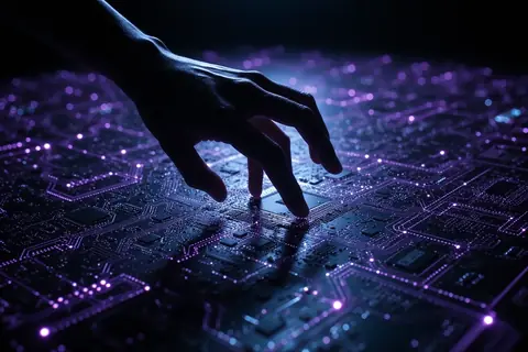 A futuristic AI chip with glowing circuits and data streams.