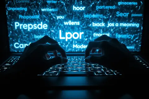 A person typing on a laptop with a creative writing interface on the screen.