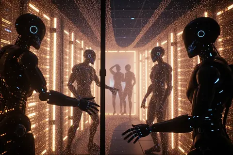 A group of AI agents depicted as robots collaborating on a computer screen.