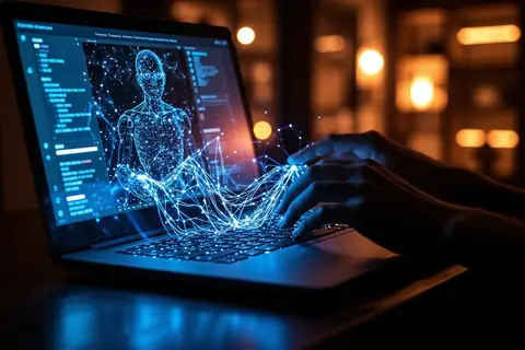 A developer working on a laptop with an AI model training interface open.