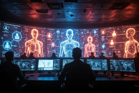 A network of interconnected AI agents working together in a shared environment.