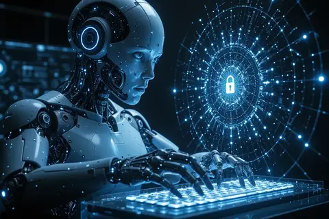 A digital illustration of a secure AI model with advanced cybersecurity features.
