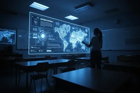 A classroom with students and teachers discussing the AI ban.