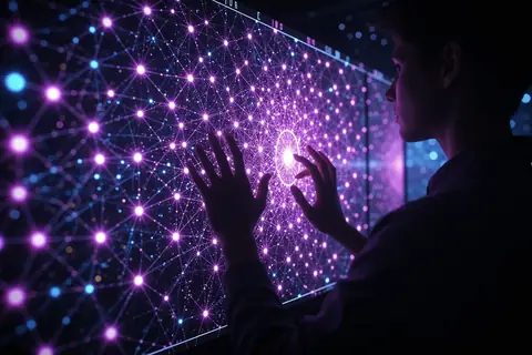 A futuristic AI interface displaying complex code and scientific diagrams.