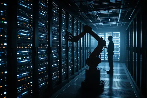 A robot arm performing maintenance in a data center.
