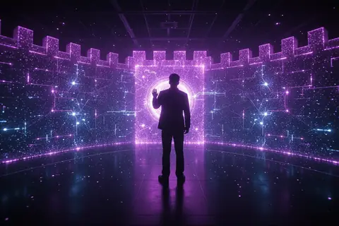 A futuristic AI interface with a secure digital lock symbol.