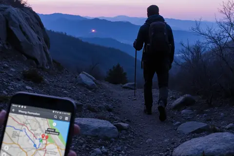 Three hikers being rescued by authorities in a wilderness setting.
