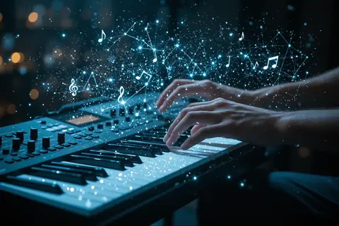 A musician using a digital audio workstation with Melody Flip plug-in open.