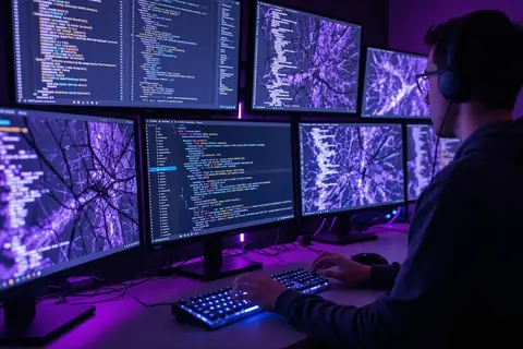 A developer working at a computer, surrounded by notes and diagrams.