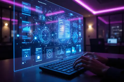 A corporate office with employees collaborating around a digital interface.