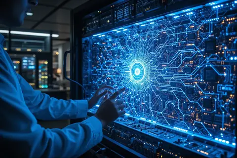 A quantum computer with a digital interface displaying experimental data.