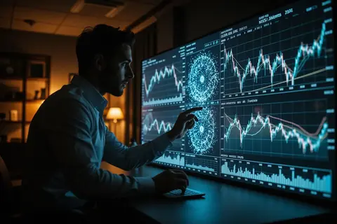 A financial analyst using a laptop with financial charts and graphs on the screen.