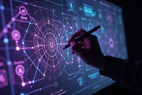 A sleek, modern office workspace with a computer displaying advanced AI interfaces.