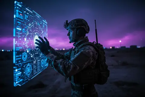 A soldier in military gear with a digital display showing AI analytics.