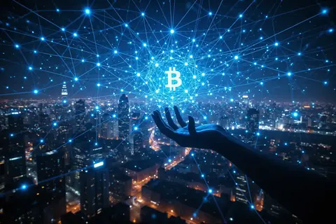 A digital illustration of a decentralized network with nodes connected by lines.