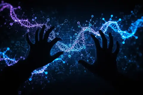 A scientist analyzing genetic data on a computer screen with AI models.