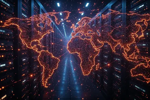 A network of interconnected servers with data flowing between them.