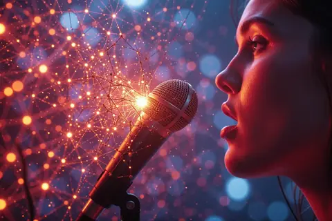 A person speaking naturally into a smartphone with a voice assistant interface displayed.