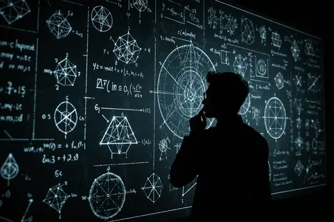 A complex mathematical equation written on a chalkboard with a focus on Olympiad-level problems.