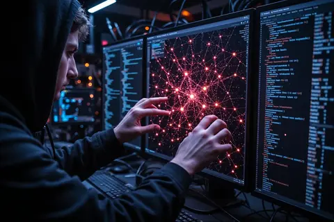 A hacker using a laptop with lines of code and a lock symbol.