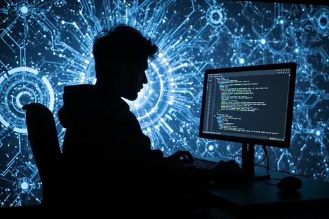 A developer reviewing code on a computer screen with automated test results displayed.