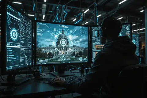A computer screen displaying a network security dashboard with AI-driven threat detection alerts.
