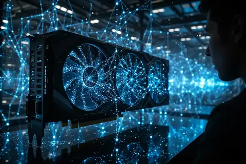 A high-end NVIDIA GPU with a glowing blue light.
