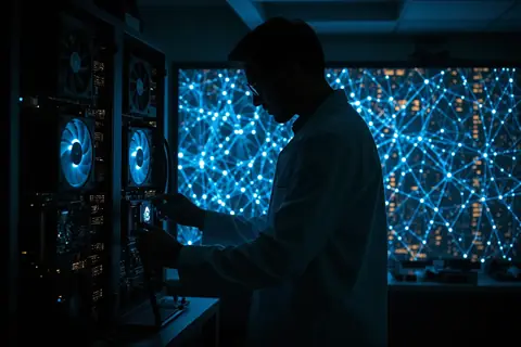 A researcher working on a computer with multiple GPU units.