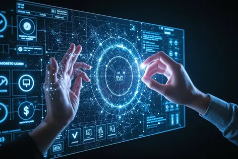 A marketer using a computer with AI-powered advertising tools on the screen.
